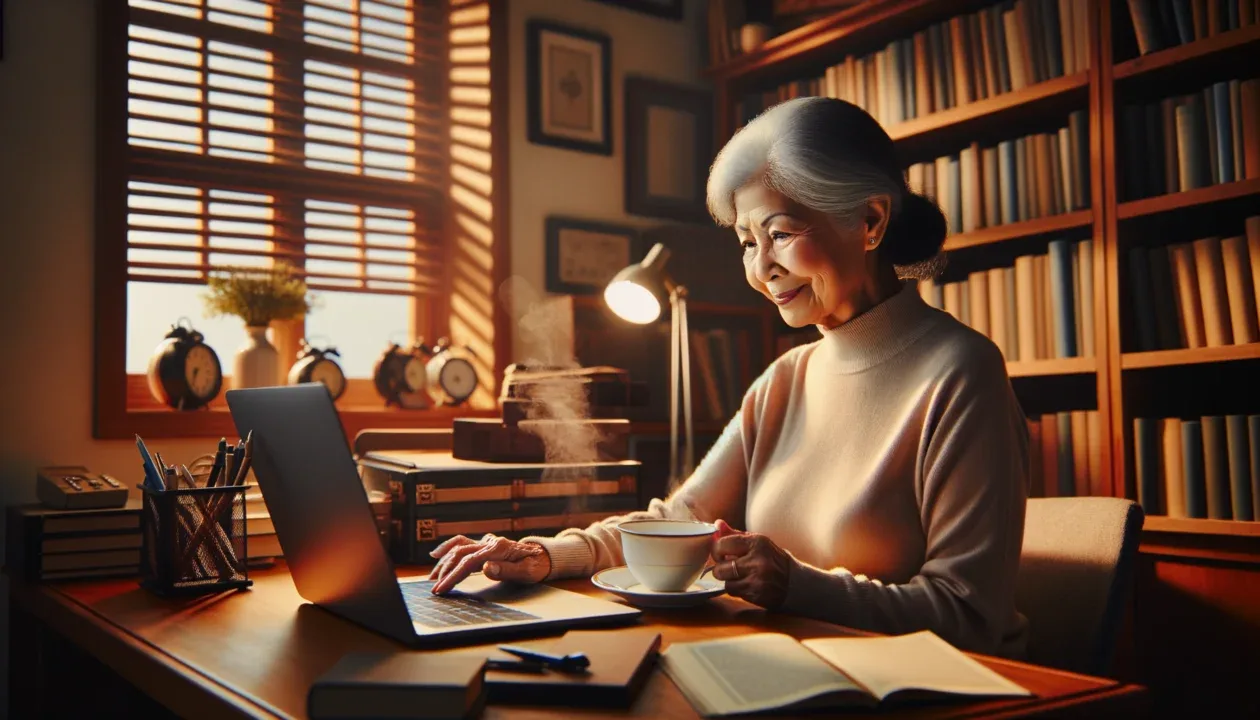 A warm and inviting home office setup with a senior citizen sitting comfortably at a desk, working on a laptop with a cup of coffee nearby. The room is well-lit, with bookshelves filled with books and a large window providing natural light. The senior is smiling, exuding a sense of fulfillment and productivity. The image should convey a cozy, comfortable, and productive work environment for seniors working from home. Alt Title: Comfortable Home Office Setup for Seniors