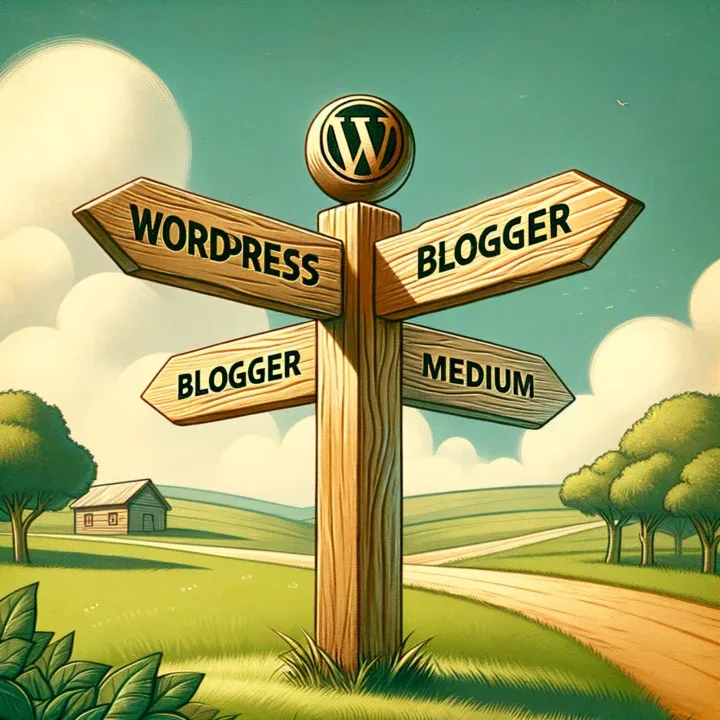 Crossroads sign pointing to WordPress, Blogger, and Medium