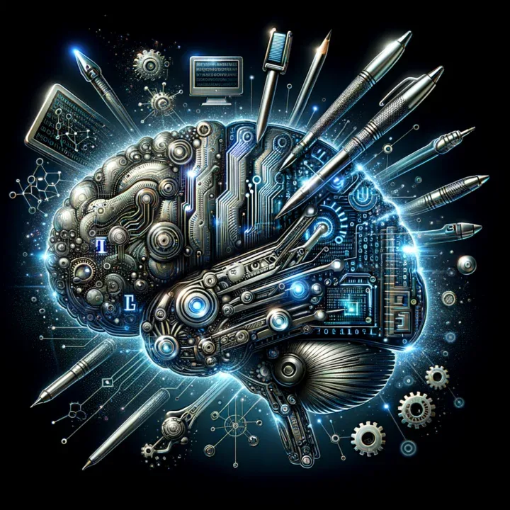 Image showcasing a futuristic AI brain intertwined with digital writing tools and gears, symbolizing the integration of advanced writing tools and artificial intelligence in content creation